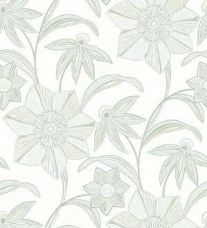 Papel pintado de flores de trazo lírico en verde salvia Clara Bloom 683973