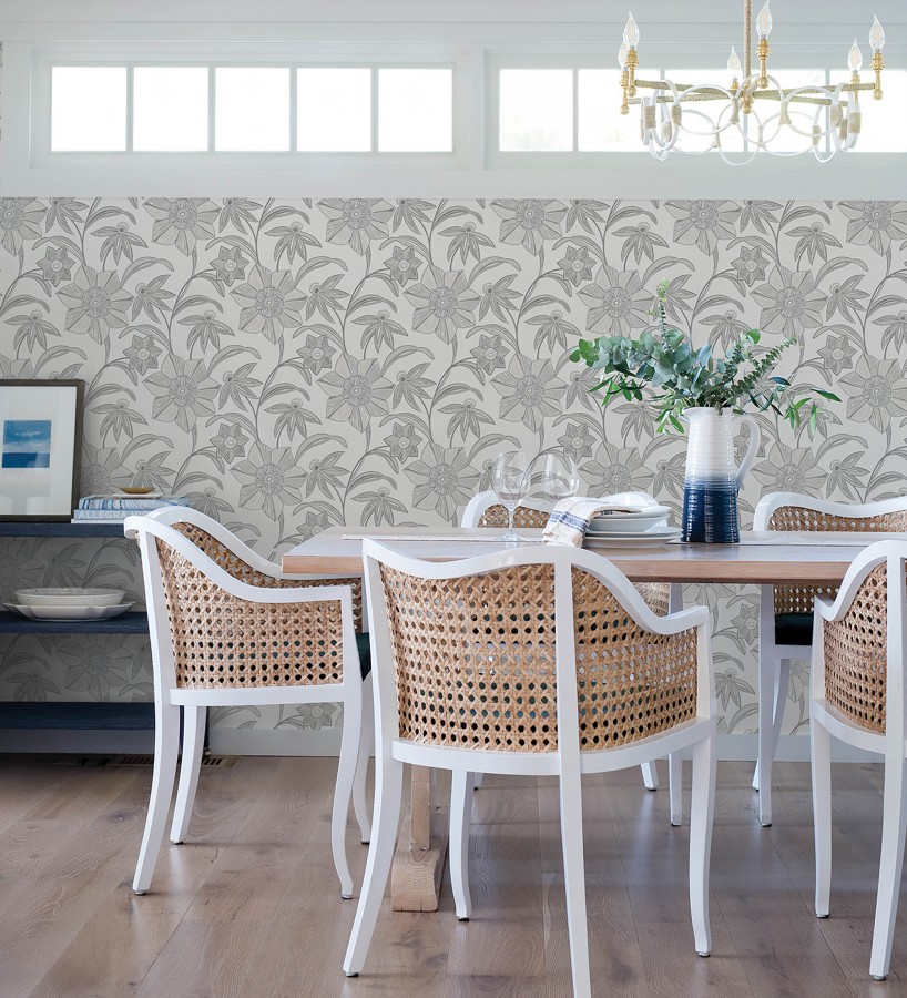 Papel pintado de flores de trazo lírico en gris visón  Clara Bloom 683974