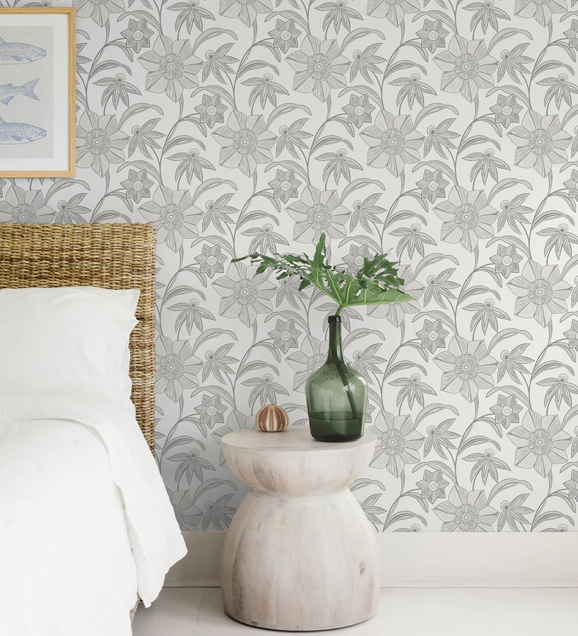Papel pintado de flores de trazo lírico en gris visón  Clara Bloom 683974