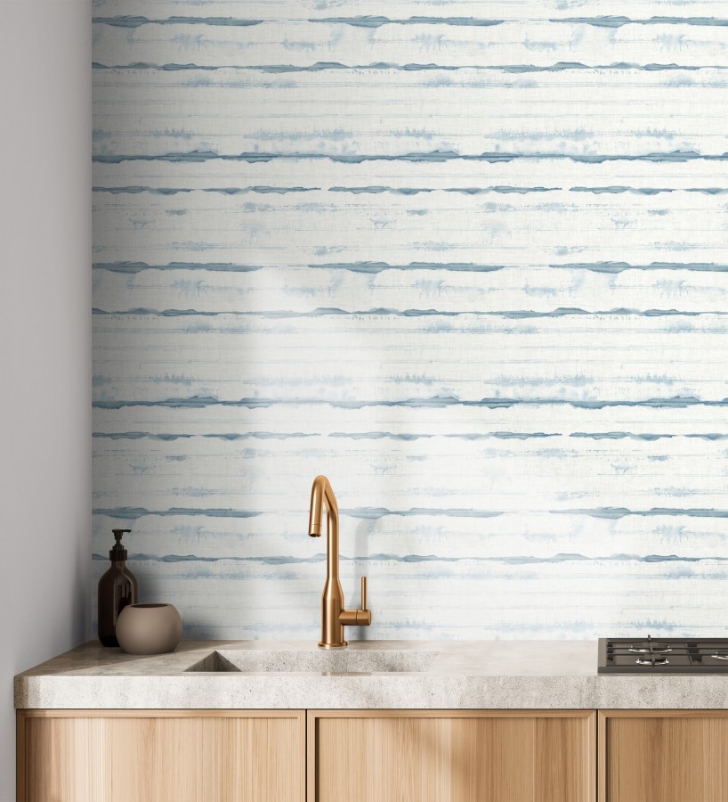 Papel pintado de rayas horizontales de acuarela azul acero sobre lienzo  Bering Horizon 683976