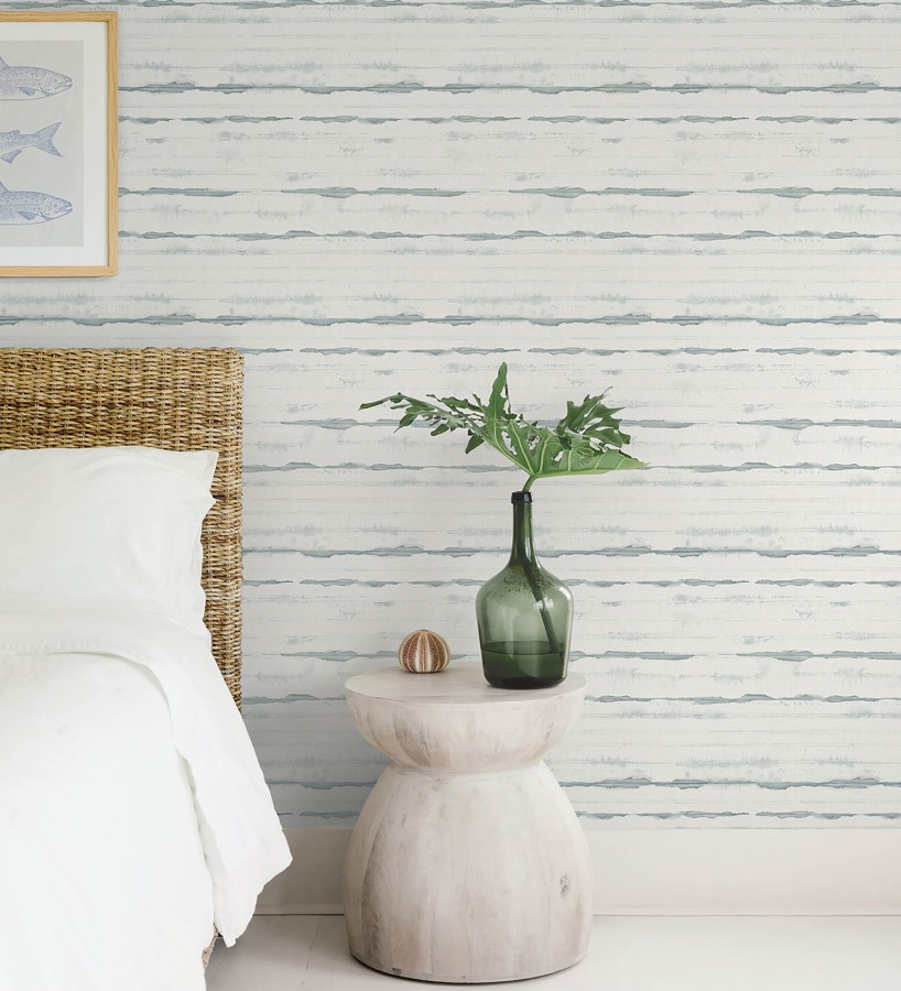 Papel pintado de rayas horizontales de acuarela azul petróleo sobre lienzo  Bering Horizon 683979