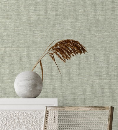 Papel pintado efecto rafia tejida con fibras de sisal en color verde salvia Studs Texture 683990