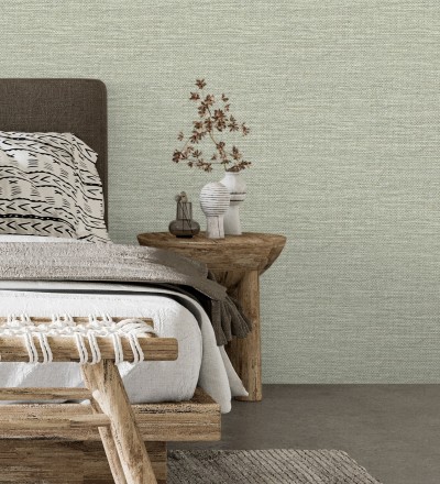 Papel pintado efecto rafia tejida con fibras de sisal en color verde salvia Studs Texture 683990
