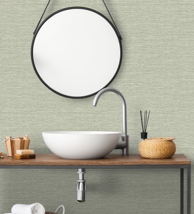 Papel pintado efecto rafia tejida con fibras de sisal en color verde salvia Studs Texture 683990