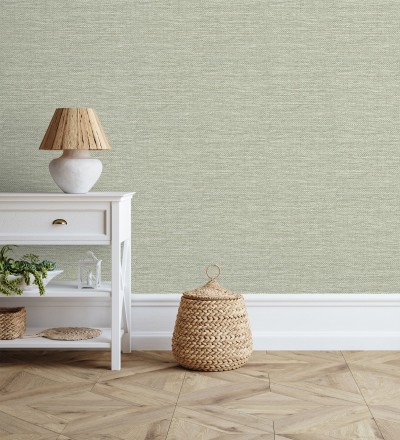 Papel pintado efecto rafia tejida con fibras de sisal en color verde salvia Studs Texture 683990
