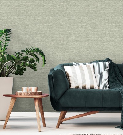 Papel pintado efecto rafia tejida con fibras de sisal en color verde salvia Studs Texture 683990