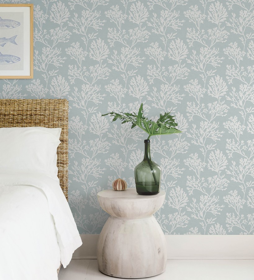 Papel pintado corales blancos dibujados sobre lienzo teñido de azul  Marina Coral 683995