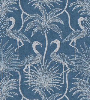 Papel pintado jungla vintage dibujada sobre lino azul indigo Mila Paradise 683998
