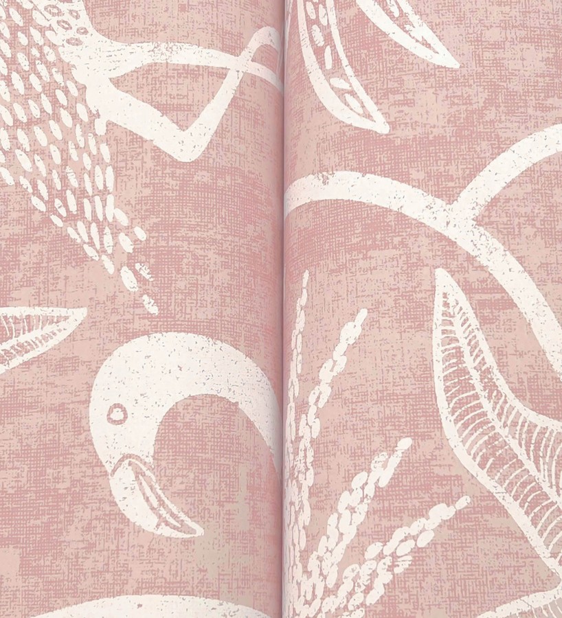 Papel pintado jungla vintage dibujada sobre lino rosa coral claro  Mila Paradise 683999