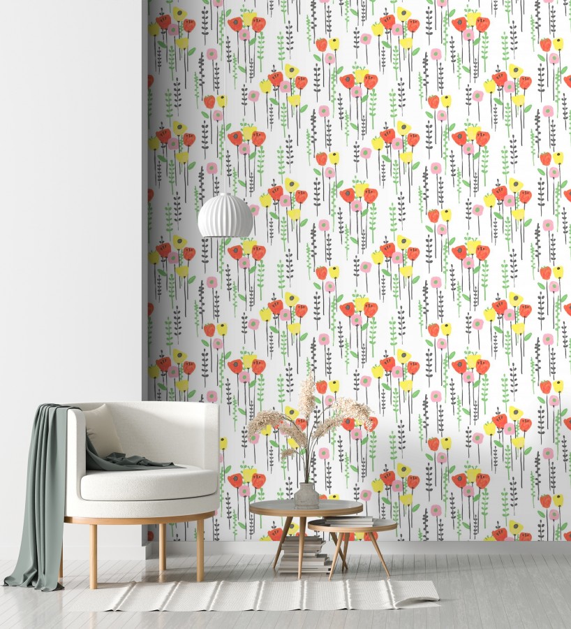 Papel pintado ramilletes de flores tonos amarillos rosas y amarillos  Freya Meadow 684014