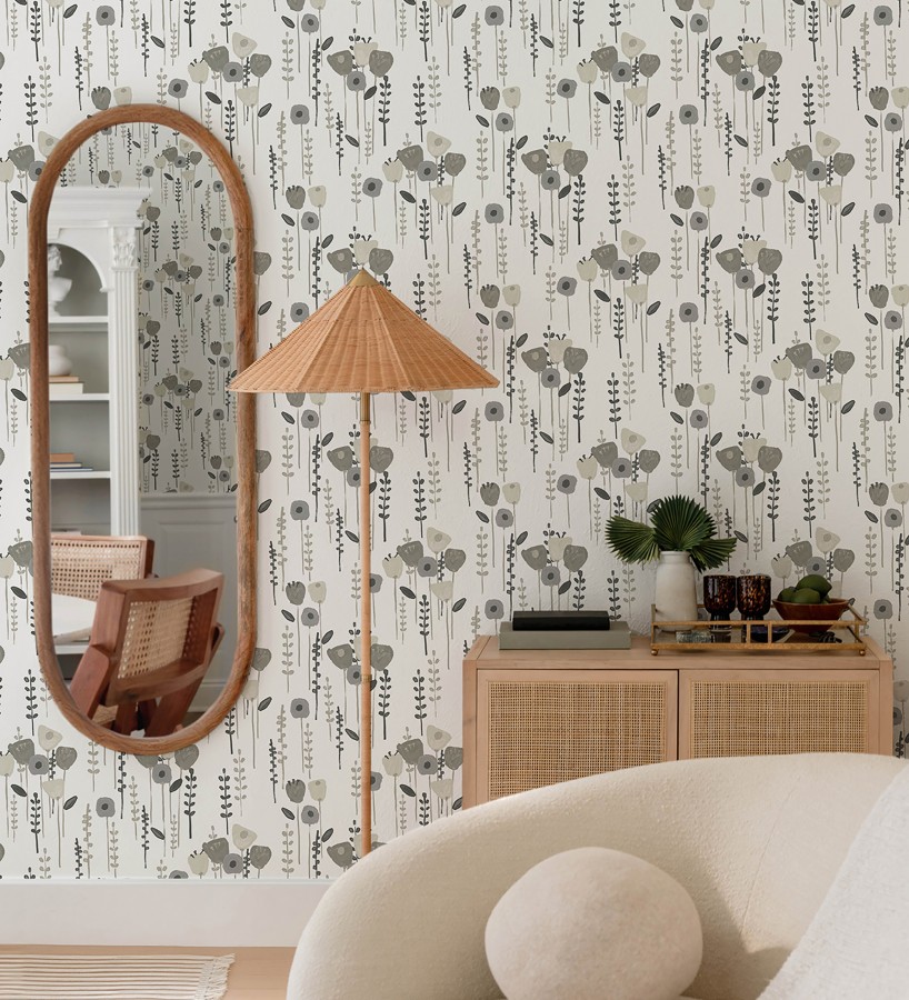 Papel pintado ramilletes de flores tonos grises  Freya Meadow 684015