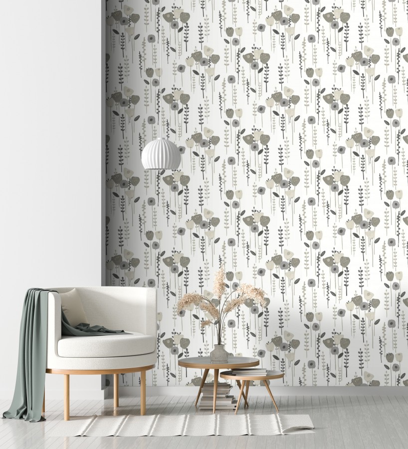 Papel pintado ramilletes de flores tonos grises  Freya Meadow 684015