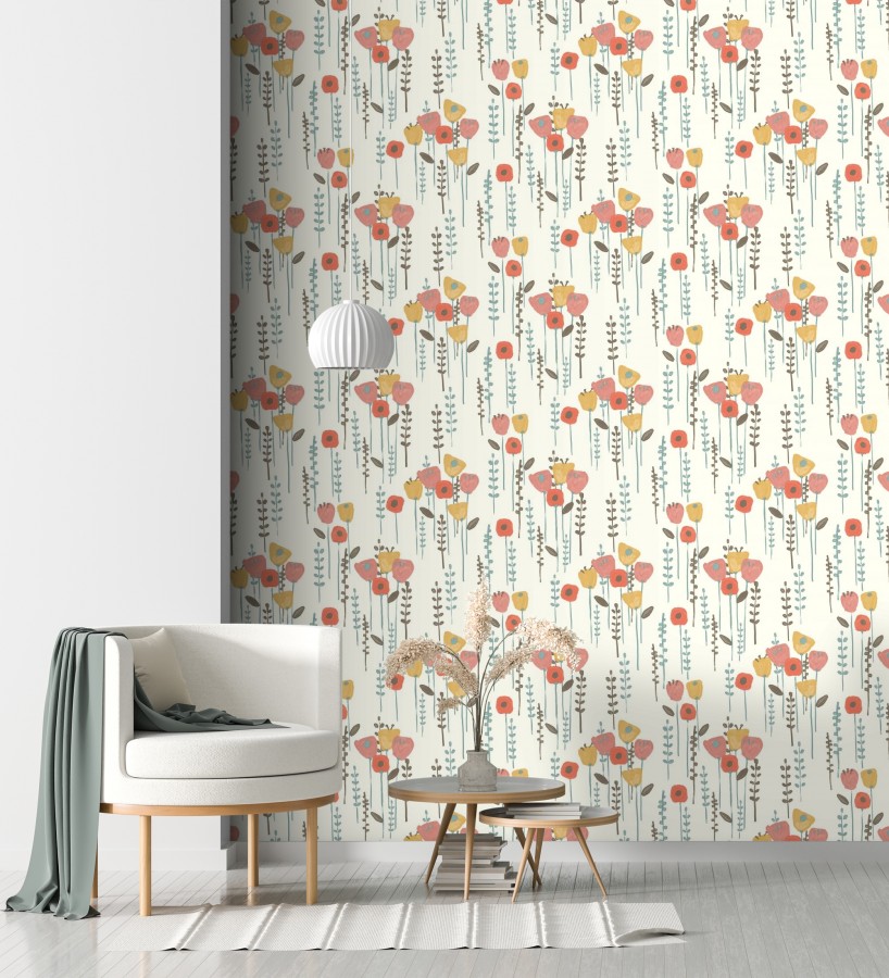 Papel pintado ramilletes de flores tonos rosas ocres y rojos  Freya Meadow 684016