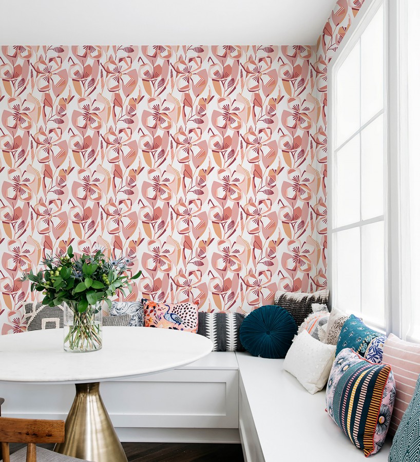 Papel pintado mosaico floral geométrico rosa  Maya Creative 684017