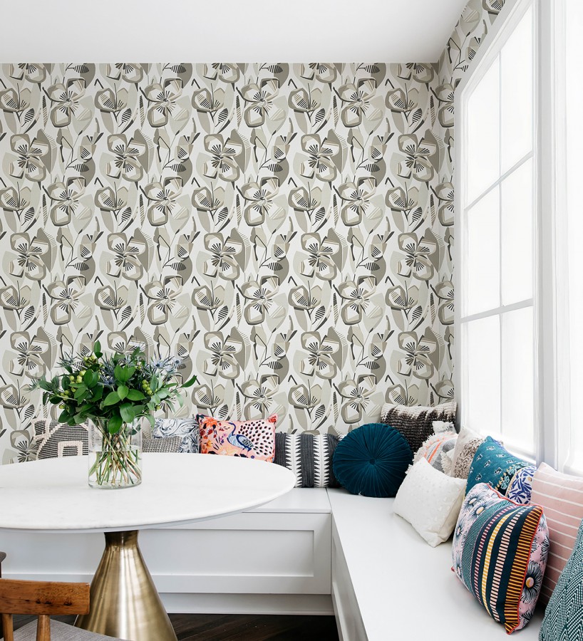 Papel pintado mosaico floral geométrico en tonos grises y neutros  Maya Creative 684018