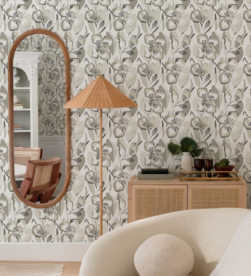 Papel pintado mosaico floral geométrico en tonos grises y neutros  Maya Creative 684018