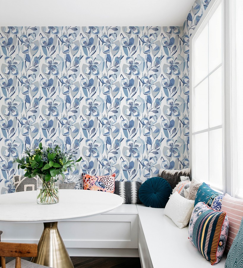 Papel pintado mosaico floral geométrico azul y gris  Maya Creative 684019