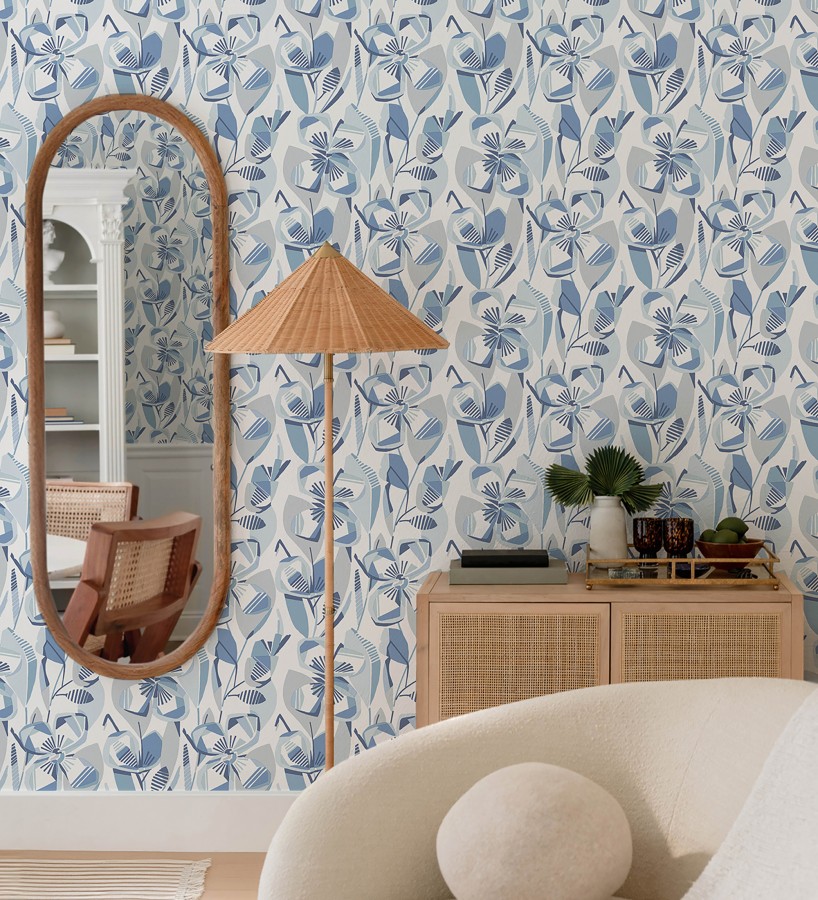 Papel pintado mosaico floral geométrico azul y gris  Maya Creative 684019