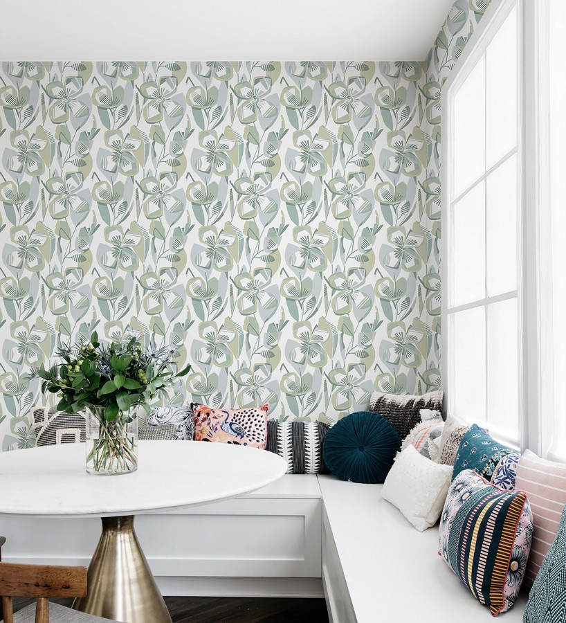 Papel pintado mosaico floral geométrico tonos verdes  Maya Creative 684020