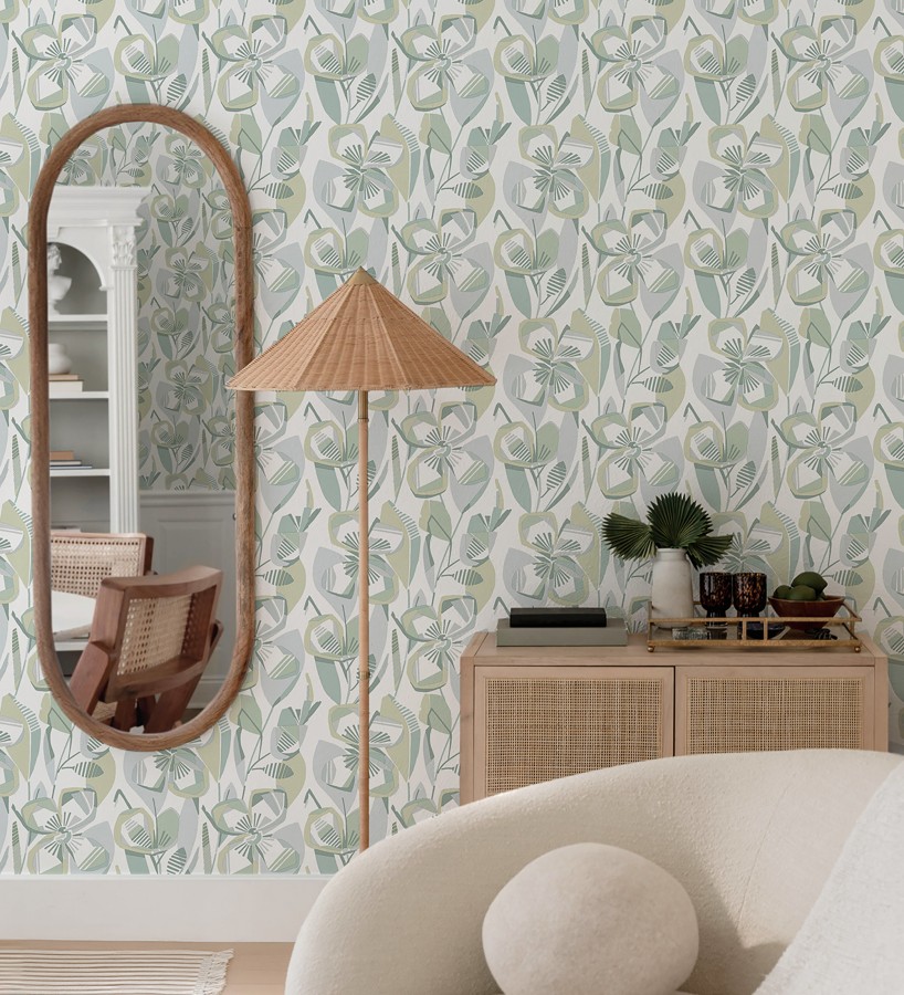 Papel pintado mosaico floral geométrico tonos verdes  Maya Creative 684020