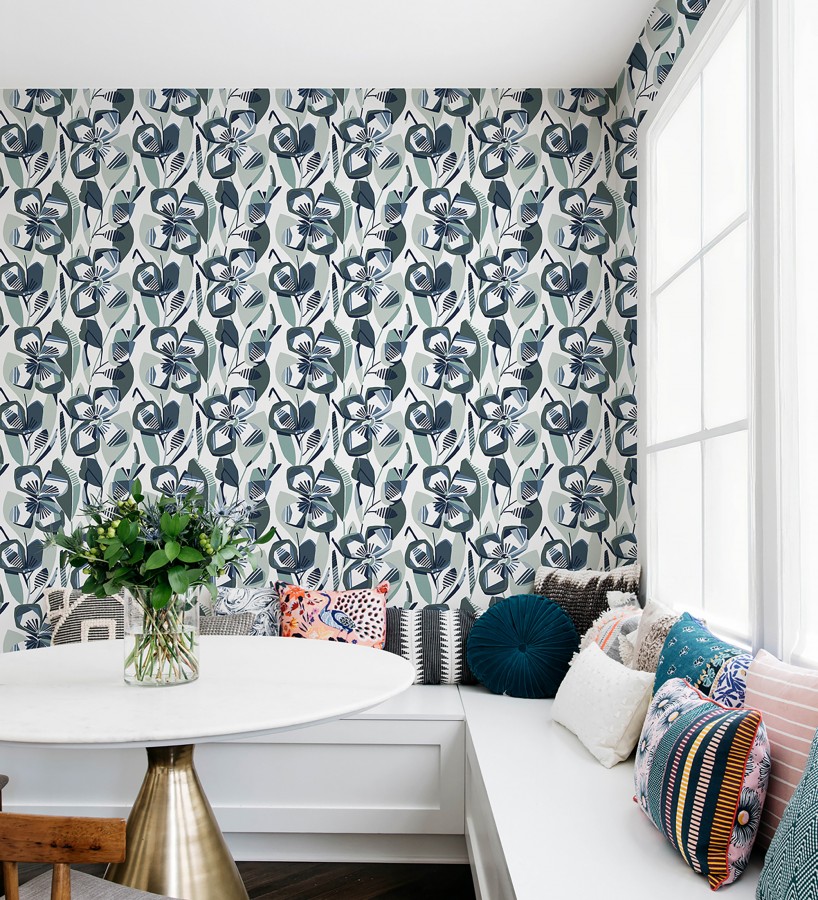 Papel pintado mosaico floral geométrico verde y azul  Maya Creative 684021