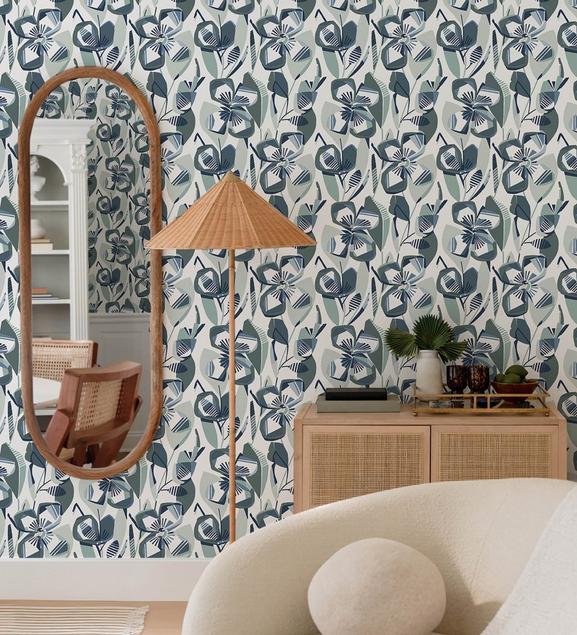 Papel pintado mosaico floral geométrico verde y azul  Maya Creative 684021