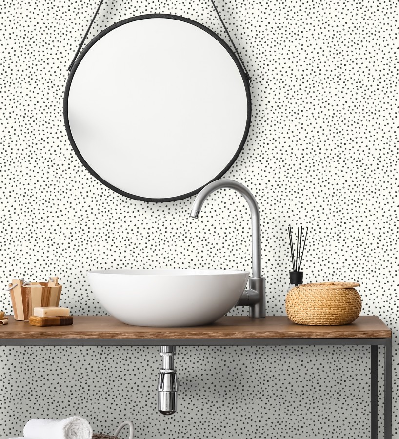 Papel pintado de motas de pintura negra fondo blanco  Pia Polka 684040