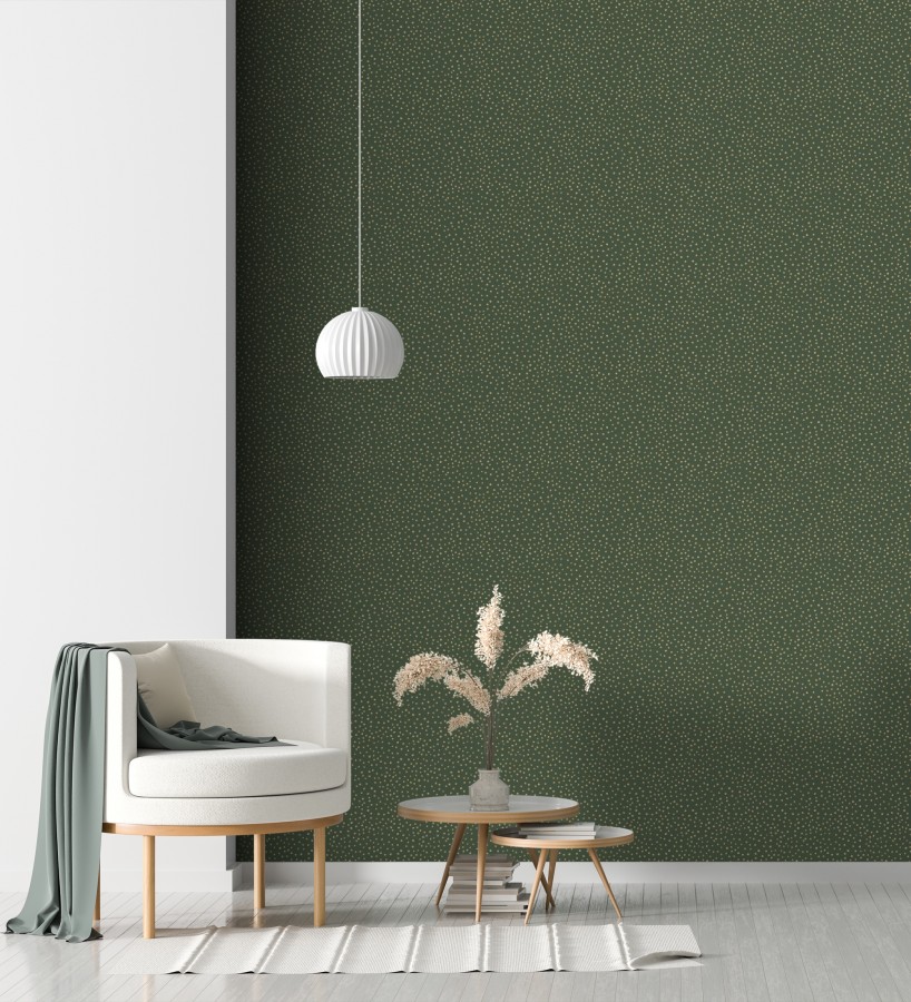 Papel pintado de motas de pintura oro fondo verde oscuro  Pia Polka 684042