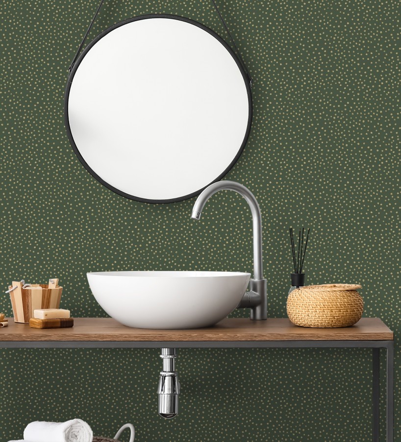 Papel pintado de motas de pintura oro fondo verde oscuro  Pia Polka 684042