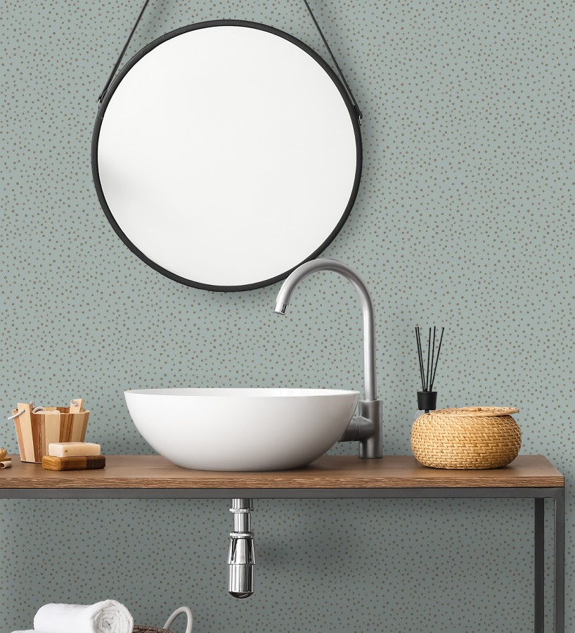 Papel pintado de motas de pintura cobriza fondo cian grisáceo  Pia Polka 684043