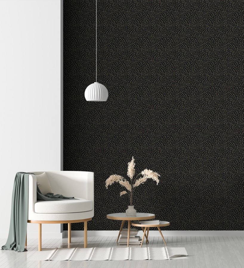 Papel pintado de motas de pintura oro fondo negro  Pia Polka 684044