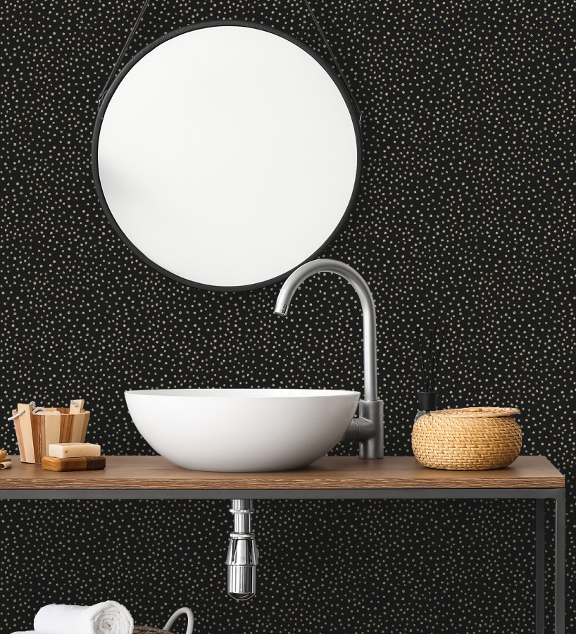 Papel pintado de motas de pintura oro fondo negro  Pia Polka 684044