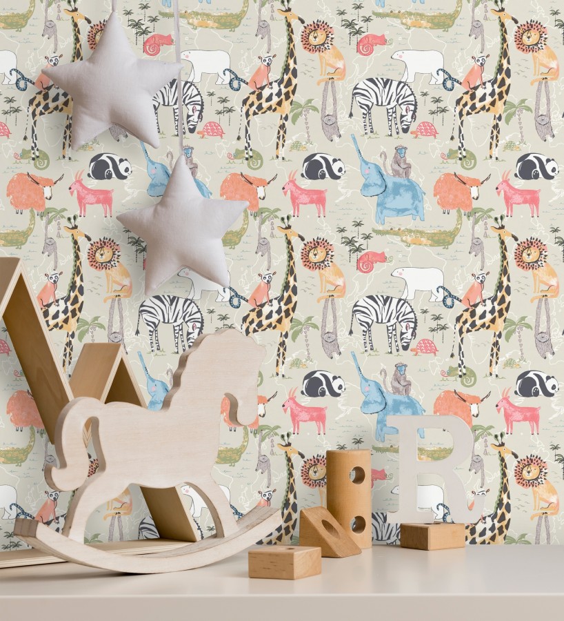 Papel pintado de jirafas elefantes leones osos panda cameleones cocodrilos  Enzo Zoo 684046