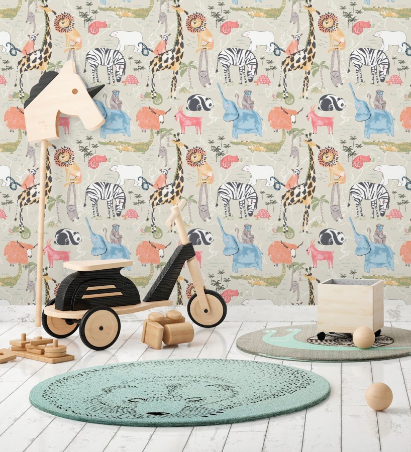 Papel pintado de jirafas elefantes leones osos panda cameleones cocodrilos  Enzo Zoo 684046