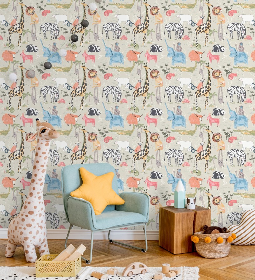 Papel pintado de jirafas elefantes leones osos panda cameleones cocodrilos  Enzo Zoo 684046