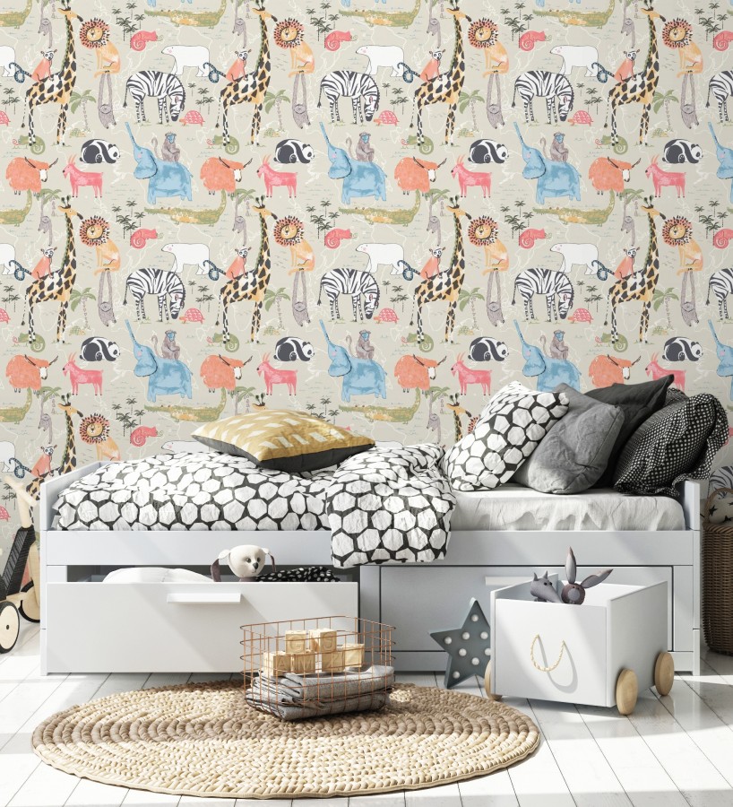 Papel pintado de jirafas elefantes leones osos panda cameleones cocodrilos  Enzo Zoo 684046