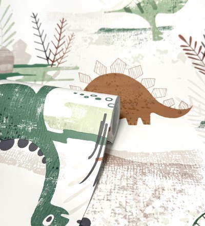 Papel pintado de dinosaurios pintados con acuarela tonos verdes y tierra Dylan Jurassic 684050
