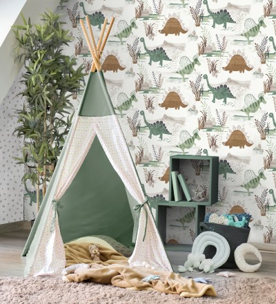 Papel pintado de dinosaurios pintados con acuarela tonos verdes y tierra Dylan Jurassic 684050