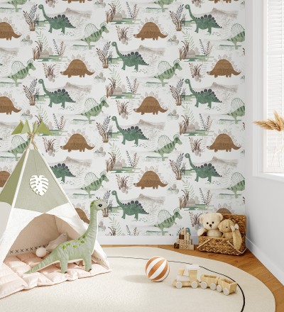 Papel pintado de dinosaurios pintados con acuarela tonos verdes y tierra Dylan Jurassic 684050