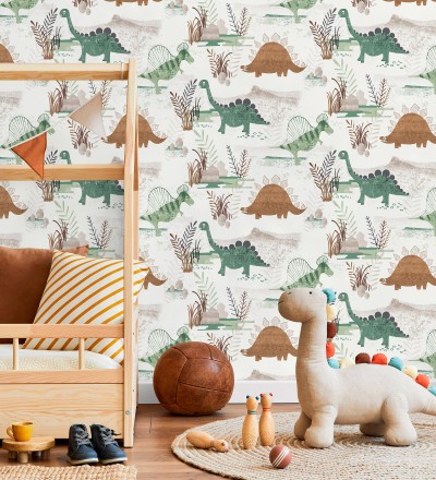Papel pintado de dinosaurios pintados con acuarela tonos verdes y tierra Dylan Jurassic 684050