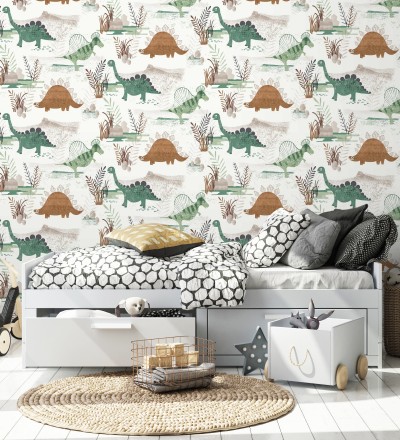 Papel pintado de dinosaurios pintados con acuarela tonos verdes y tierra Dylan Jurassic 684050