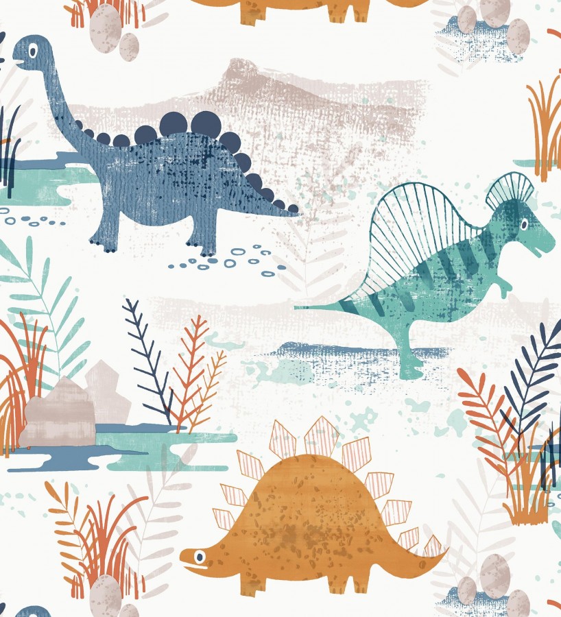 Papel pintado de dinosaurios pintados con acuarela tonos azules verdes y ocre  Dylan Jurassic 684051