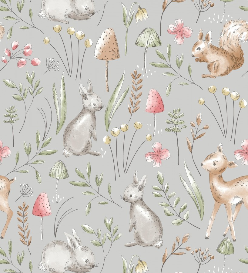 Papel pintado de animalitos en el bosque fondo color gris  Pip Acorn 684052