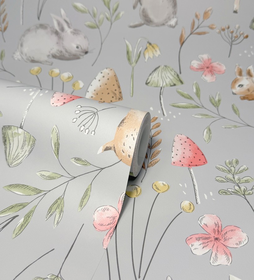 Papel pintado de animalitos en el bosque fondo color gris  Pip Acorn 684052