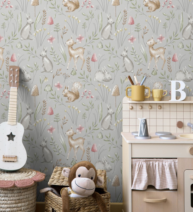 Papel pintado de animalitos en el bosque fondo color gris  Pip Acorn 684052