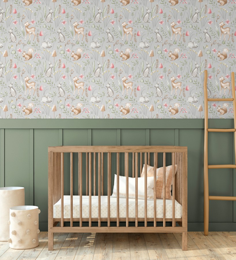 Papel pintado de animalitos en el bosque fondo color gris  Pip Acorn 684052