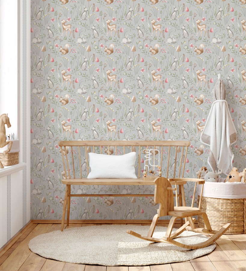 Papel pintado de animalitos en el bosque fondo color gris  Pip Acorn 684052