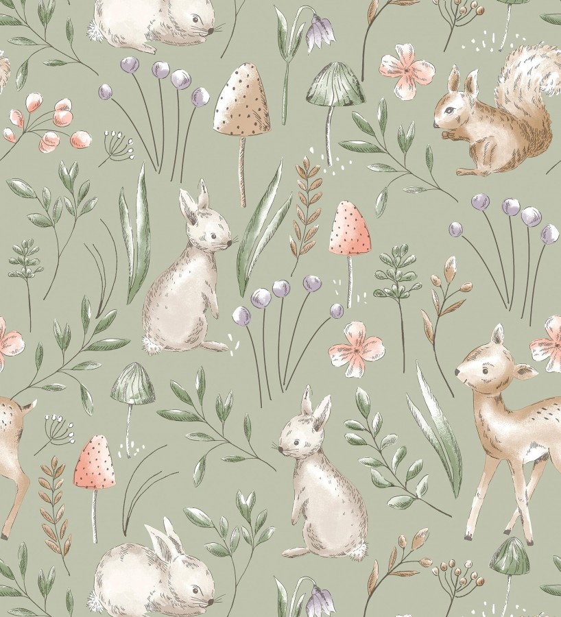Papel pintado de animalitos en el bosque fondo color verde  Pip Acorn 684053