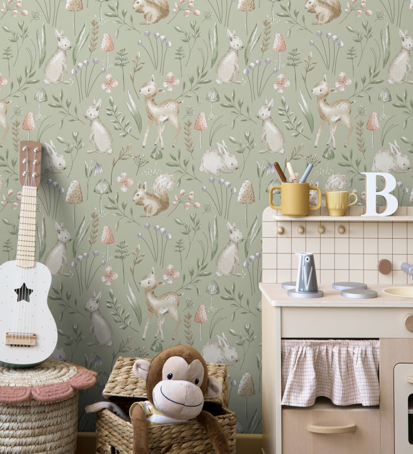 Papel pintado de animalitos en el bosque fondo color verde  Pip Acorn 684053