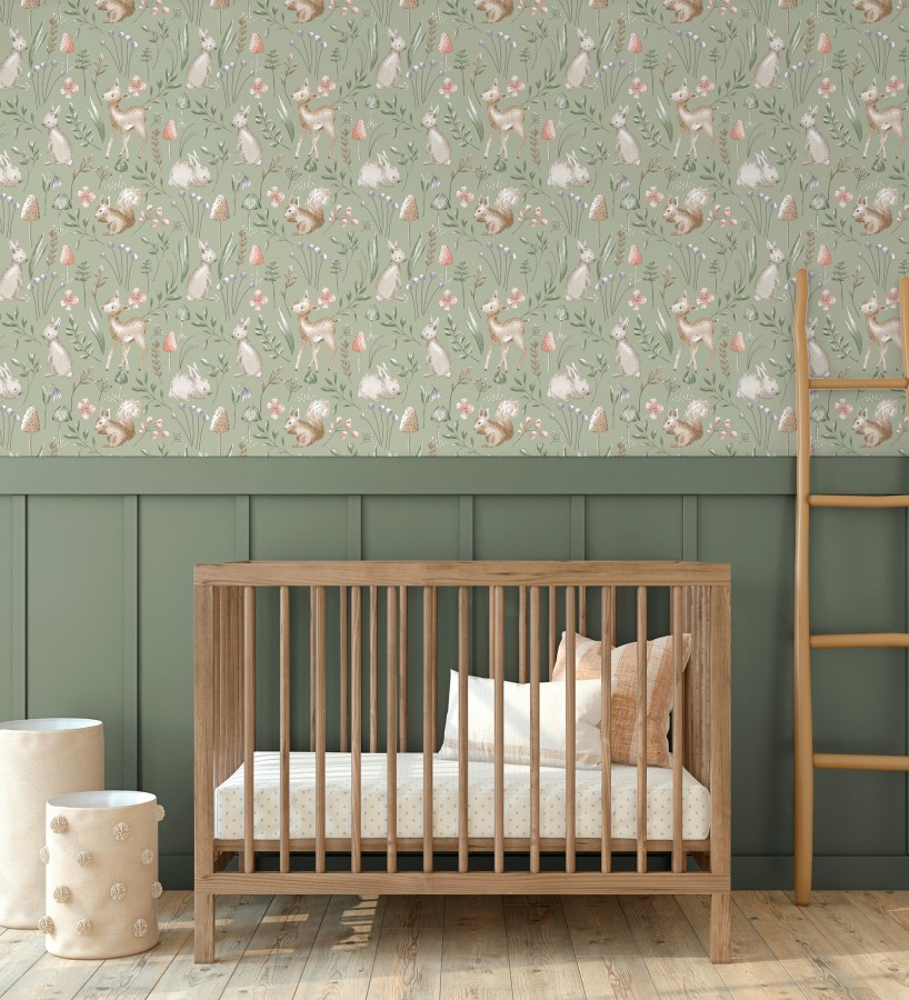 Papel pintado de animalitos en el bosque fondo color verde  Pip Acorn 684053